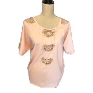Comme Toi (Anthropologie) Short Sleeve Top with Cut-out Crochet Details in Peach
